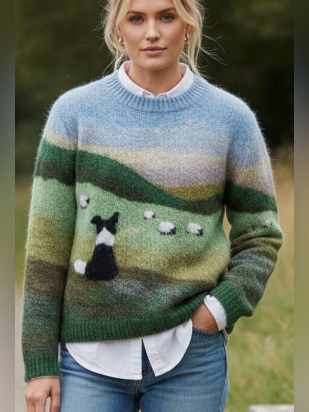 2X SHEIN Border Collie and Sheep Crewneck Sweater in Blue and Green, New